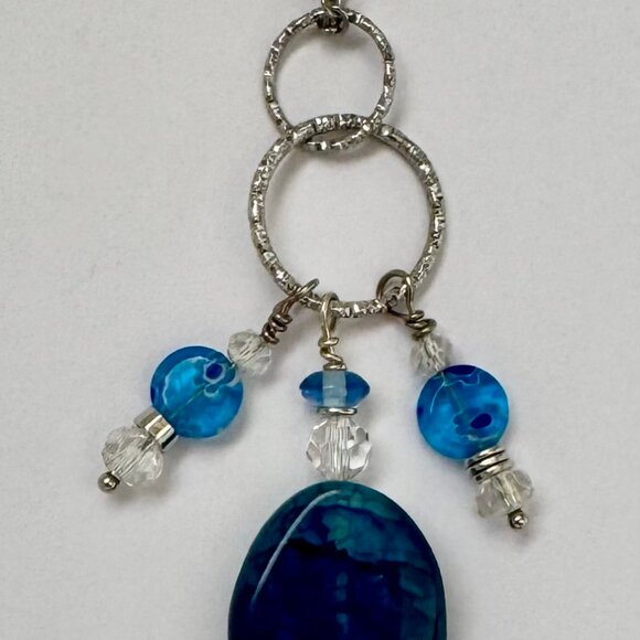 Necklace handmade 3 tier dangle silver turqoise clear crystal glass beads OOAK - Picture 2 of 5